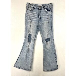 Almost Famous Jeans Y2K  Flare Bell Bottoms Sz 13 Bleached Blue Denim Distress‎